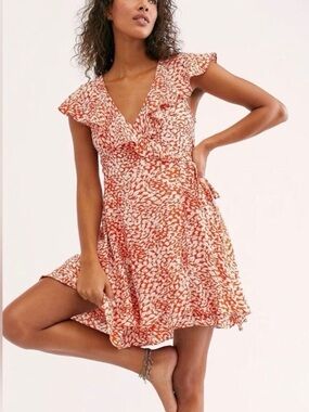 Free People Orange and Cream Printed Wrap Mini Dress